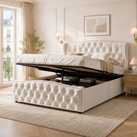 Lit coffre capitonné 140 x 200 - Lit double adulte 140 x 200 - Velour beige - Sommier à lattes - Rangement hydraulique - Motif en losanges avec rivets (1/5)