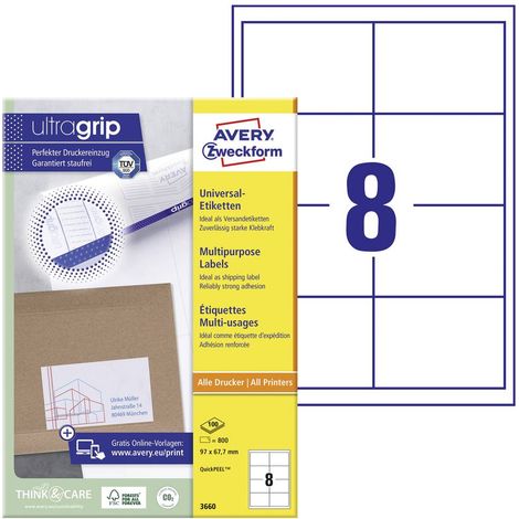 Avery-Zweckform 3660 Etiquette universelles 97 x 67.7 mm papier blanc 800 pc(s) fixation permanente imprimante à jet d' (1/4)