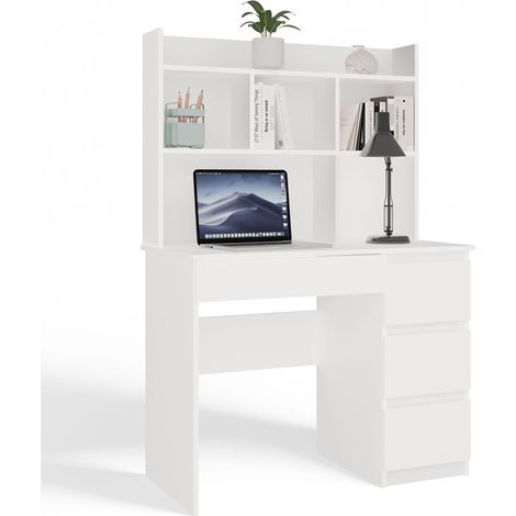 MIJAS DERECHO - Escritorio 98×51×146 cm con 4 cajones y 4 repisas, con estante superior para oficina / dormitorio - Blanco (1/5)