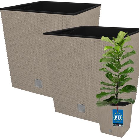 KOTARBAU® Kotarbau® Pot de Fleur Exterieur 32 x 32 cm - avec Insert Intérieur Lot de 2 - Pot Plastique Plante 32 L - Pot de Fleur Carré - Aspect Rotin - Moka (1/5)