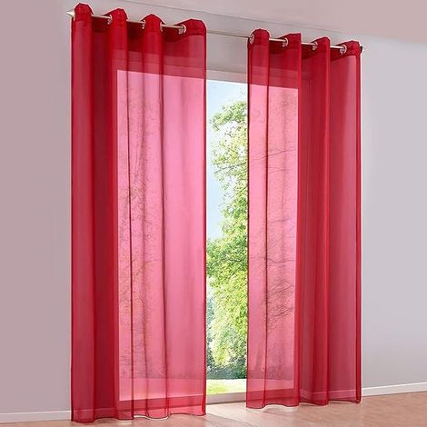 Panneaux Rideaux Voilages à œillets Semi-Transparents fenêtres, Balcon, Salon (Largeur 140cm x Hauteur 225cm, Rouge) (1/5)