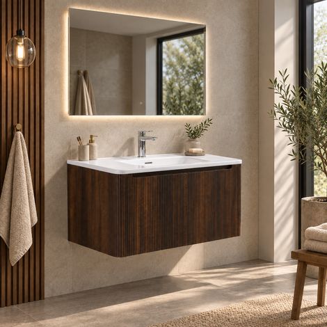 Meuble salle de bain design simple vasque TWILIGHT largeur 100 cm noyer rainuré (1/5)