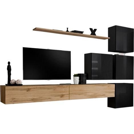 Mobile da salotto murale SWITCH IX design, colore quercia Wotan e nero lucido.