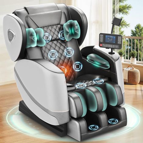 Fauteuil de massage avec 14 rouleaux, 8 coussins d'air et fonction zéro gravité – haut-parleur Bluetooth, écran tactile, support pour téléphone, chauffage lombaire et des jambes, gris clair