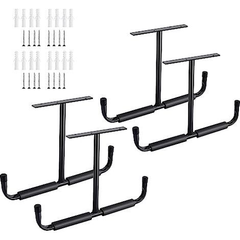 Sinoer Crochet de rangement de plafond de garage en acier, support de rangement robuste pour bois suspendu, vélos, outils, bois, système de rangement robuste, (4 paquets, noir) (1/4)