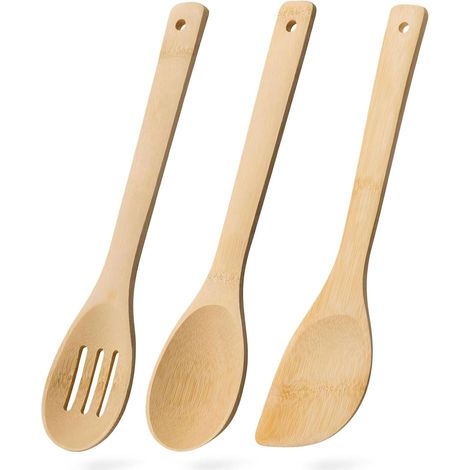 Cuillères en bois, ensemble de 3 pièces comprenant une écumoire, une cuillère en bois et une spatule en bois, ustensiles de cuisine en bambou pour poêles antiadhésives, ustensiles en bambou naturel (1/5)