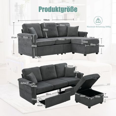 Canapé gris foncé premium en velours avec éclairage LED, port USB-C, repose-pieds à coffre de rangement, porte-gobelets et poches latérales – idéal pour salon, chambre ou bureau. (1/4)