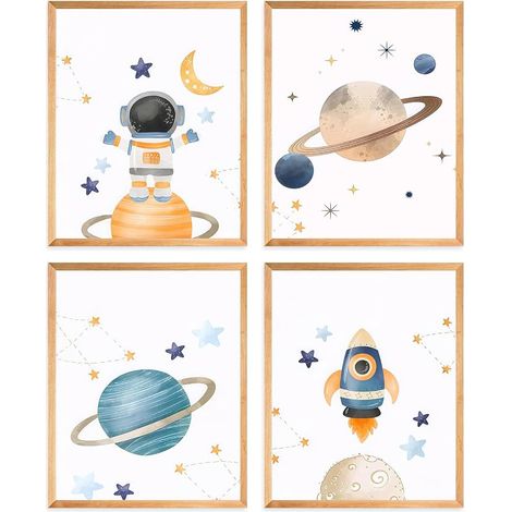 Space Wall Art Posters Images of Cosmonaut Rocket and Planet for Boy Room 8x10 Inches No Frame (1/5)