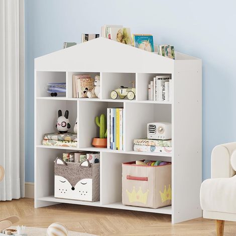 Bibliothèque Enfant en Bois Forme Maison, 4 Niveaux, Rangement Jouets et Livres, 100x30x103 cm (1/5)