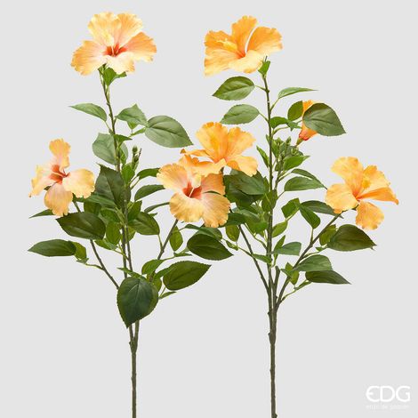 EDG Enzo De Gasperi Hibiscus Ramo x4 con Foglie Pianta Artificiale Ass. H 90 Cm D 10 Cm Giallo o Arancione 1 Pz