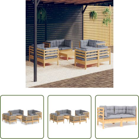 vidaXL Gartenlounge - 9-tlg. Garten-Lounge-Set mit Grauen Kissen Kiefernholz (1/5)
