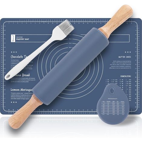 Ensemble de rouleau à pâtisserie et tapis à pâtisserie, rouleau à pâtisserie en bois (38 cm) +tapis silicone(60 x 40 cm)+corne patisserie+pinceau cuisine,rouleau patisserie silicone(bleu) (1/5)