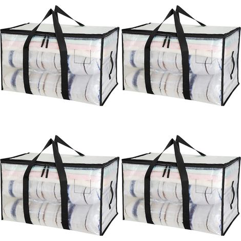 Juego de 4 bolsas de almacenamiento transparentes de 90 litros con tapa y asas, ideales para mudanzas y viajes.