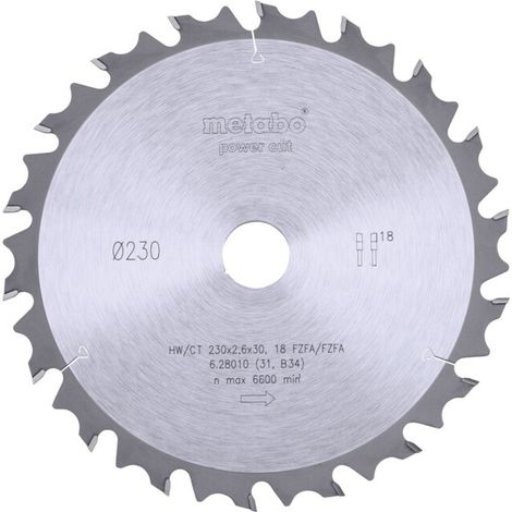 Lame de scie circulaire HW/CT 230 x 30 x 2,6/1,8, nombre de dents 18, denture plate biseautée, angle d'attaque 10° metabo