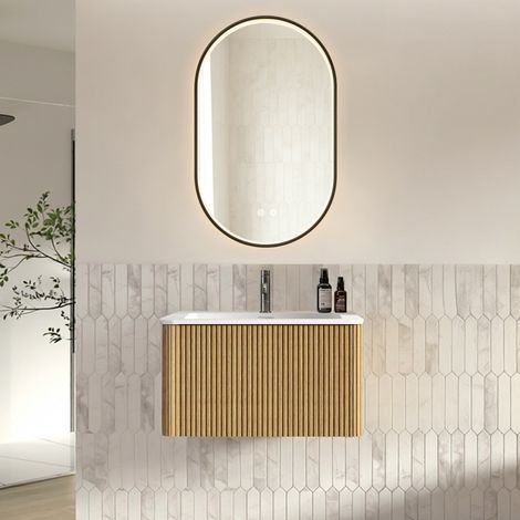 Mobile bagno con lavabo e specchio 80 cm, sospeso, LED, colore quercia HAVRYA (1/5)
