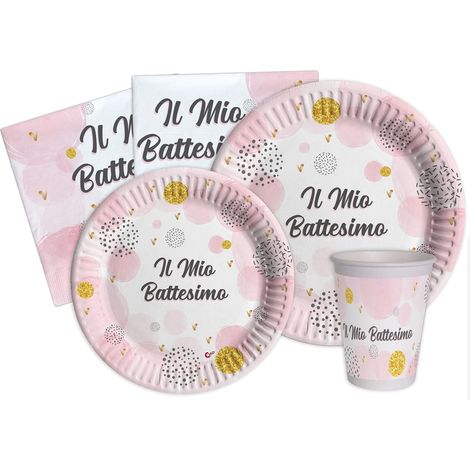 Kit Party Tavola Battesimo per 24 persone (112 pezzi: 24 piatti Ø23cm, 24 piatti Ø18cm, 24 bicchieri 200ml, 40 tovaglioli 33x33cm) in carta compostabile eco-friendly, rosa (1/4)