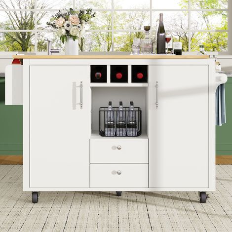 Îlot de cuisine buffet 120x73(45)x92cm meuble cuisine avec plan rabattable, porte-serviettes, étagère épices, porte-bouteilles vin, étagères réglables, blanc et noir