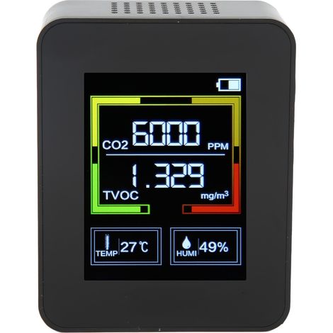 Détecteur de dioxyde de carbone ZNAZ2CO2, moniteur de qualité de l'air intelligent 4 en 1 TOVC, thermomètre et hygromètre portables (noir) (1/5)