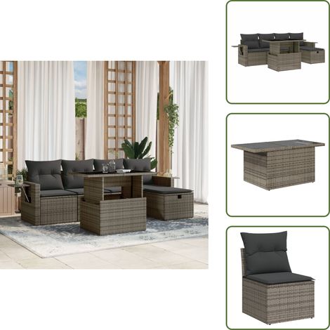 Salon de jardin 6 pcs avec coussins gris résine tressée - Ensemble Salon De Jardin - Mobilier De Jardin - Salon Extérieur - Table Basse Extensible - Chaise Lounge