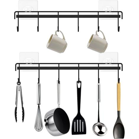 Support mural pour ustensiles de cuisine, support adhésif pour ustensiles de cuisine avec 12 crochets, gain de place et sans perçage, noir, 2 pièces