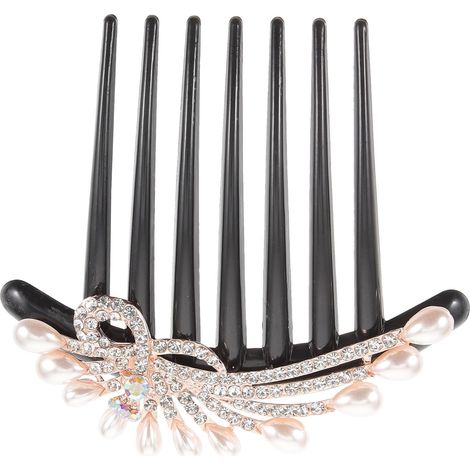 Women's Side Hair Comb with Crystals, Black Metal Ornament Clip (1/5)