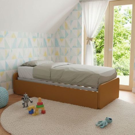 Letto singolo con letto estraibile, trasformabile in matrimoniale. Testate personalizzabili, reti in acciaio e doghe in faggio - Zolfo