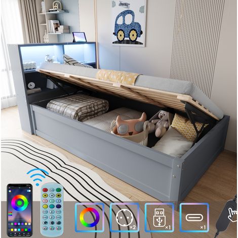 Cama individual 90x200 cm gris de madera con LED, enchufe y almacenaje (1/5)