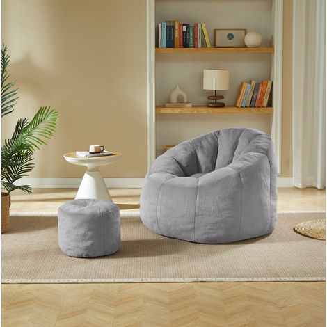 Poltrona Sacco Morbida con Poggiapiedi in Pelliccia Sintetica, 105x105x70 cm, Grigio Chiaro, Senza Montaggio (1/5)