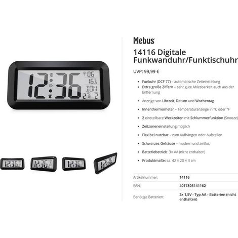 Horloge radiopilotée Mebus 14116 radiopiloté(e) 42 cm x 20 cm x 3 cm noir grand écran