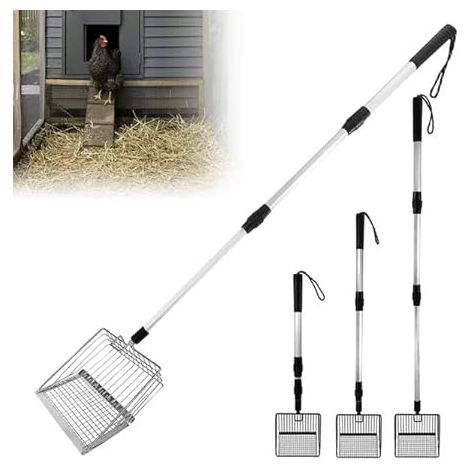 Pelle à déjections de poules 3 en 1 : pelle en métal extensible de 57 à 106 cm, détachable, avec manche extensible, pour chevaux, cochons et petits animaux, accessoires pour poulailler (1/5)