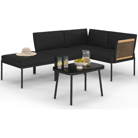 Set di mobili da giardino modulari bassi RIO 4 posti struttura in metallo nero, cordame effetto rattan chiaro con cuscini neri