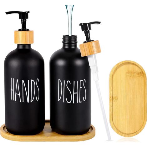 Matte Black Soap Dispenser Set 500ml Glass Soap Dispenser Black Soap Dispenser Dishwashing Liquid Dispenser Pump Bottle for Kitchen, Shower.with Tray (2pcs)