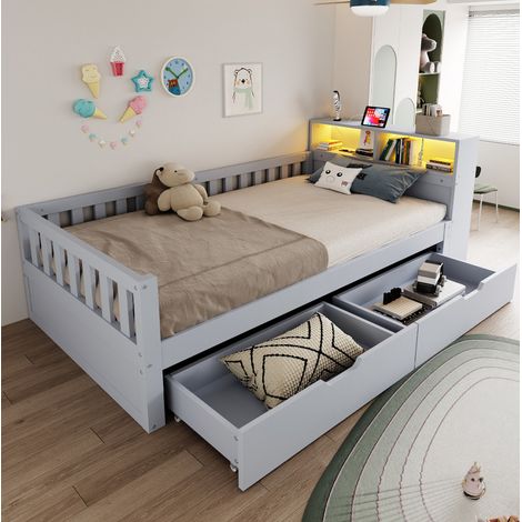 Letto multifunzione 90 x 200 cm con cassetti, ripiani, LED e prese USB/USB-C, grigio OKMYHOME (1/5)