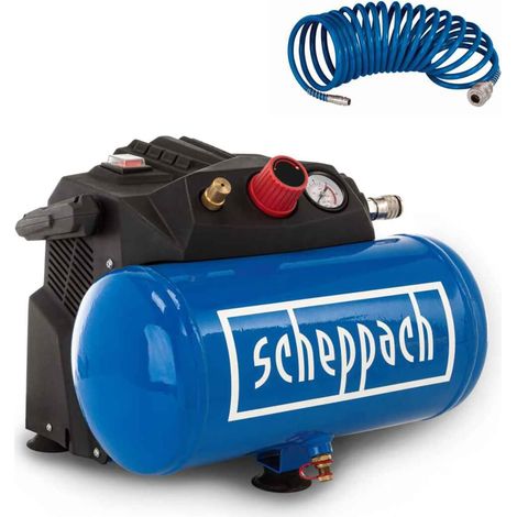 Scheppach Compresseur d'air comprimé HC06 - 1200 W - Sans huile - Cuve 6 L - Pression 8 bar - Puissance d'aspiration 200 L/min - Compresseur d'air compact - Tuyau 5 m