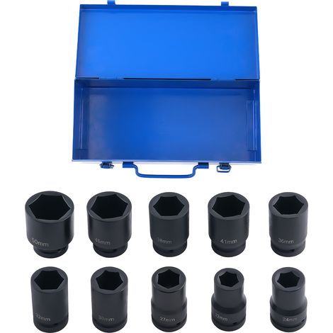 10 Piece 1in Drive Impact Socket Set 6-Point 22-50mm CR-V Automotive Tools