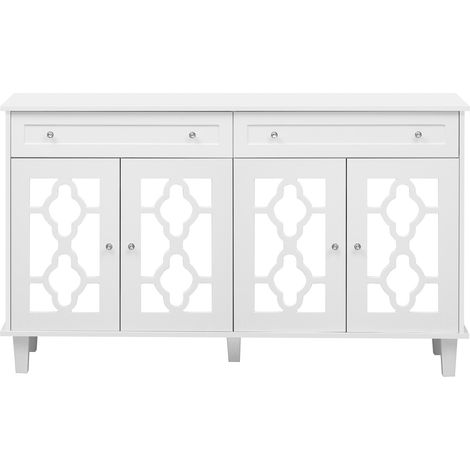 Credenza bianca con 4 ante a specchio, 2 cassetti, ripiani regolabili e maniglie cristallo (1/5)