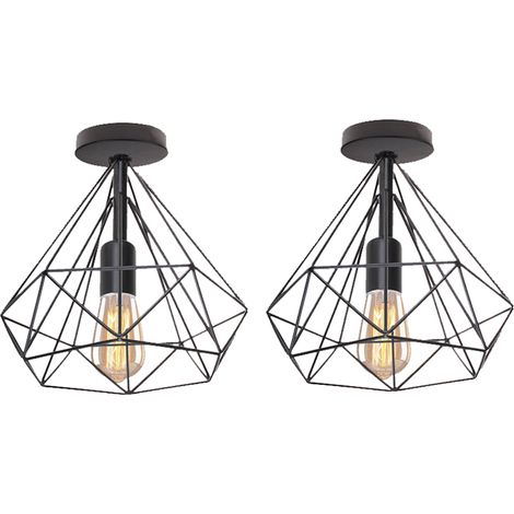2PCS Lustre Vintage De Jaula Forma De Diamante 25CM (Negro) Retro Lámpara De Techo Industrial Iluminación Hierro E27 Restaurante Interior