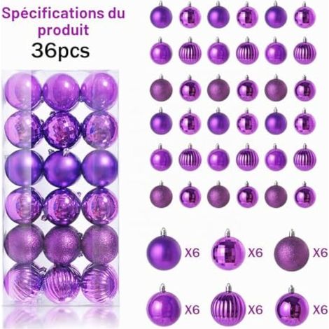36 boules de Noël pour fêtes, boules de 3 cm à suspendre, incassables, 6 finitions violettes avec cordon pour fêtes, mariages, anniversaires, violet (1/3)