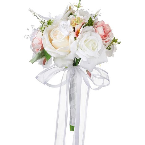 Bouquet de mariée romantique en soie française, composé de roses blanches champagne et de roses aux trois couleurs mélangées. (1/2)