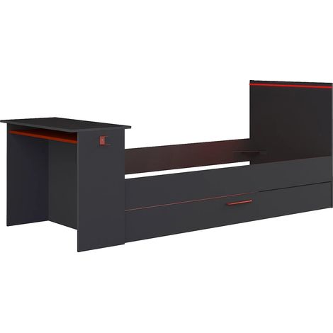 Cameretta con letto singolo estraibile e scrivania incorporata colore antracite e rosso reversibile