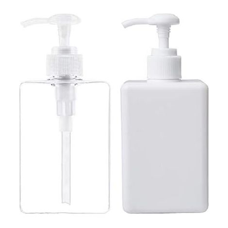 Dispenser di sapone da 280 ml, confezione da 2 contenitori vuoti in plastica per cucina e bagno, trasparenti e bianchi. (1/5)