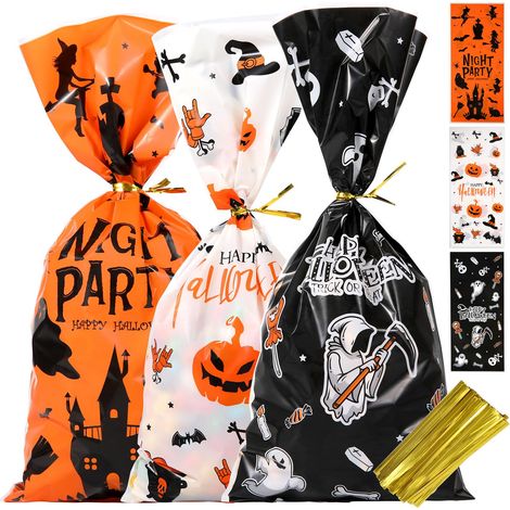 Sachets à friandises en cellophane pour Halloween - 50 sachets à bonbons avec attaches torsadées, motifs effrayants pour la chasse aux bonbons, articles de fête et cadeaux festifs