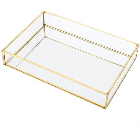 Boîte de rangement vintage en métal et verre, plateau doré, présentoir à bijoux et cosmétiques (grand format) (1/5)