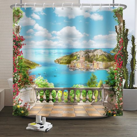 Européen Rideau de Douche pour Balcon Terrasse en 3D Paysage de Bord de mer Rideau de Salle de Bain Fleurs colorées Bleu océan Décoration de Salle de Bain Nuage Blanc 120x180cm (1/5)