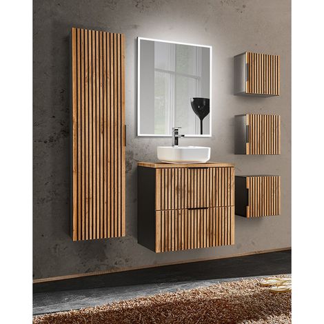 Badezimmer Komplett Set Waschtisch 60 cm, 3 Hängeschränke, Hochschrank XANTEN-56 in anthrazit mit Eiche Nb. Rillen schwarz, B/H/T: 160/200/46,5 cm (1/5)