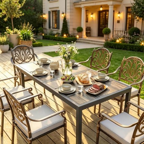 Table de jardin 140x80x72 cm en acier gris foncé, moderne, pour 4 à 6 personnes, terrasse FloraGrace (1/5)