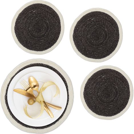 Relaxdays Tischset, 4-teilig, geflochten, Seegras, Ø 37 cm, rundes Platzset für Esstisch, Platzdeckchen, schwarz/creme