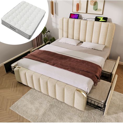 Letto imbottito 180x200 cm beige in lino con testiera USB Type-C, 4 cassetti e materasso H3 (1/5)
