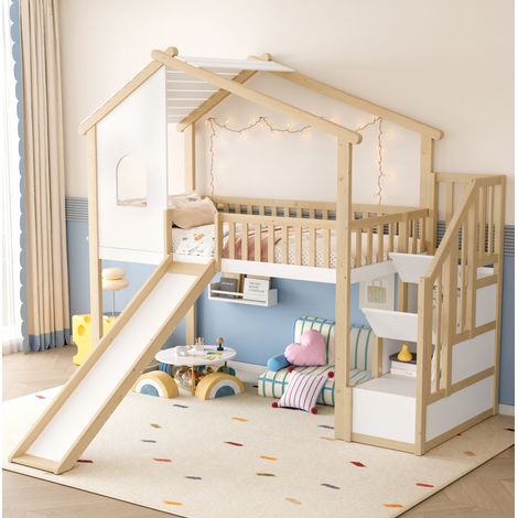Letto a soppalco 90x200 con scivolo in pino OKMYHOME (1/5)