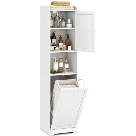 Pour petits espaces, rangement facile avec colonne haute de salle de bain et panier à linge amovible (1/5)